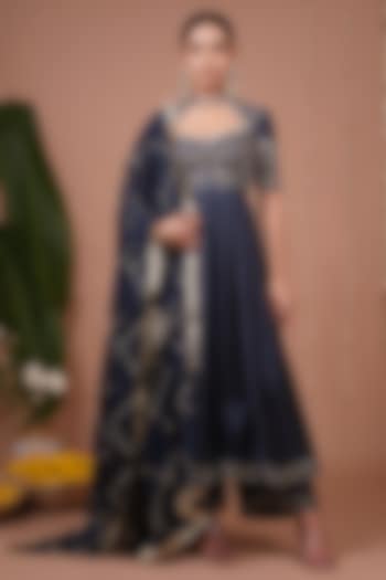 Navy Blue Silk Satin Zari Embroidered Wedding Anarkali Set by AHI CLOTHING at Pernia's Pop Up Shop