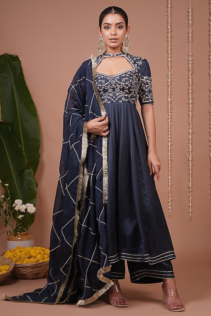 Navy Blue Silk Satin Zari Embroidered Wedding Anarkali Set by AHI CLOTHING at Pernia's Pop Up Shop