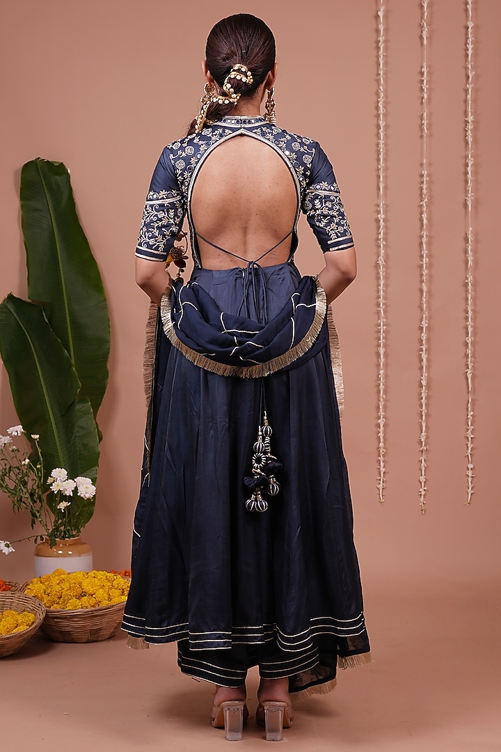 Navy Blue Silk Satin Zari Embroidered Wedding Anarkali Set by AHI CLOTHING at Pernia's Pop Up Shop