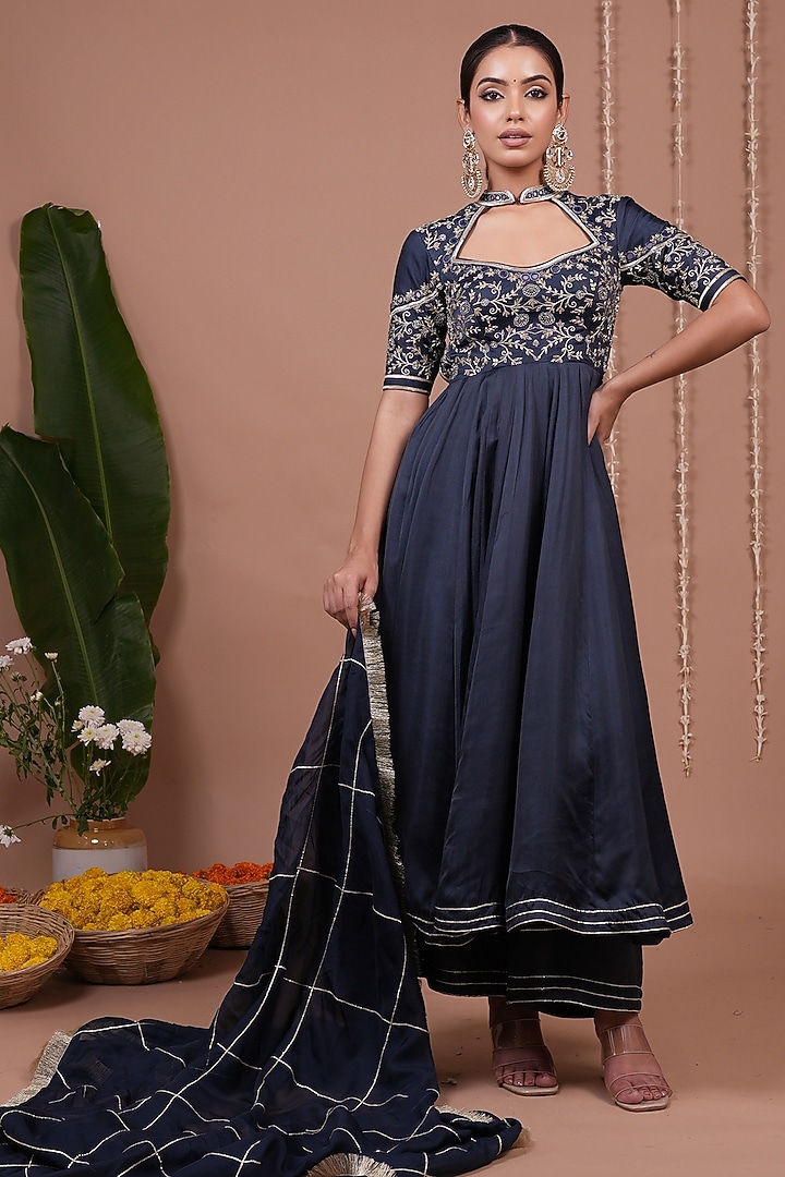 Navy Blue Silk Satin Zari Embroidered Wedding Anarkali Set by AHI CLOTHING at Pernia's Pop Up Shop