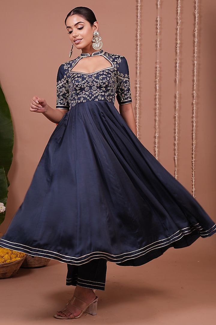 Navy Blue Silk Satin Zari Embroidered Wedding Anarkali Set by AHI CLOTHING at Pernia's Pop Up Shop