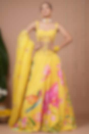 Mustard Natural Crepe Digital Printed Flared Wedding Lehenga Set by AHI CLOTHING at Pernia's Pop Up Shop