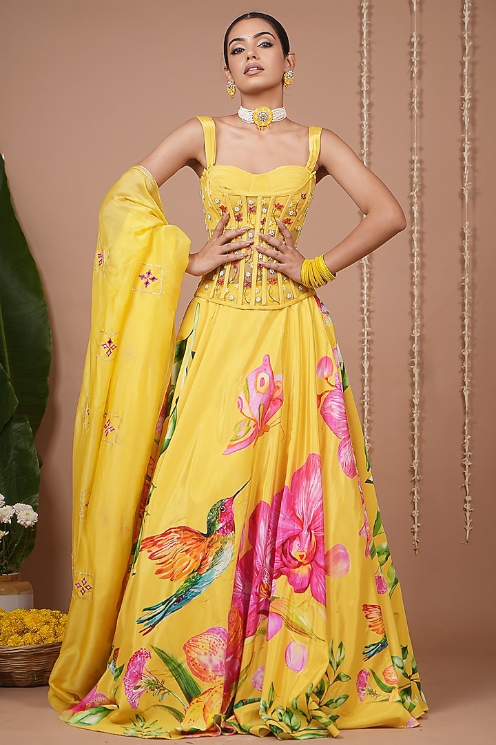 Mustard Natural Crepe Digital Printed Flared Wedding Lehenga Set by AHI CLOTHING at Pernia's Pop Up Shop