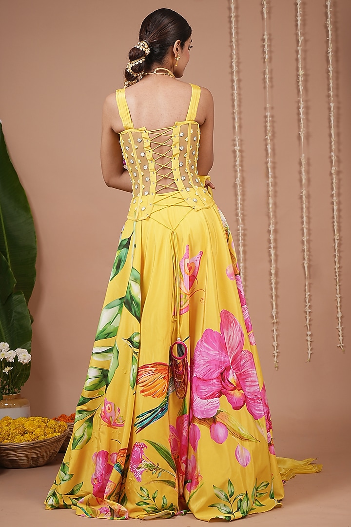 Mustard Natural Crepe Digital Printed Flared Wedding Lehenga Set by AHI CLOTHING at Pernia's Pop Up Shop