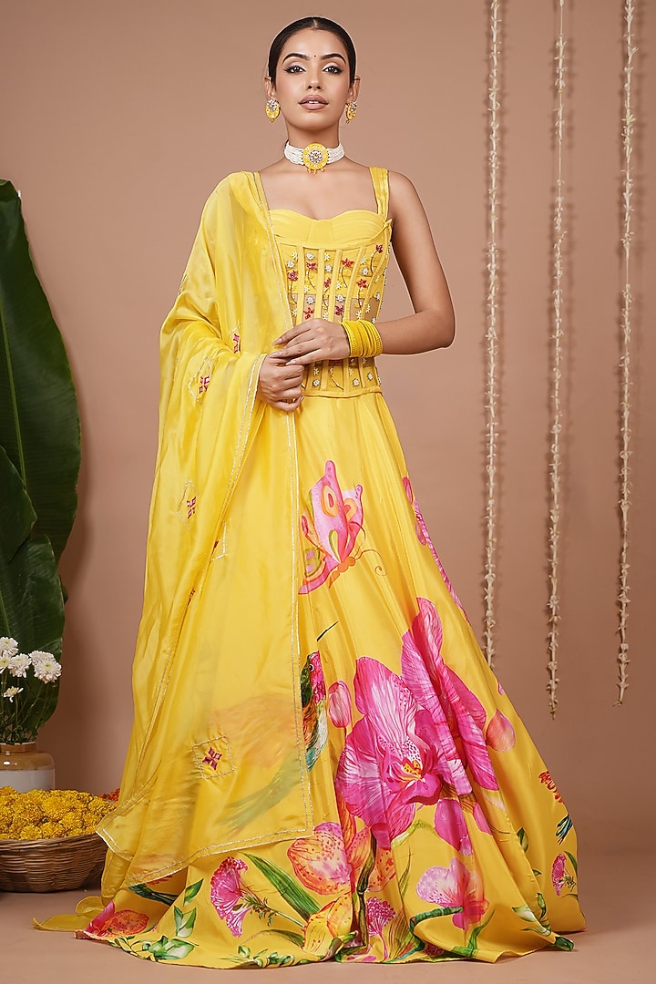 Mustard Natural Crepe Digital Printed Flared Wedding Lehenga Set by AHI CLOTHING at Pernia's Pop Up Shop