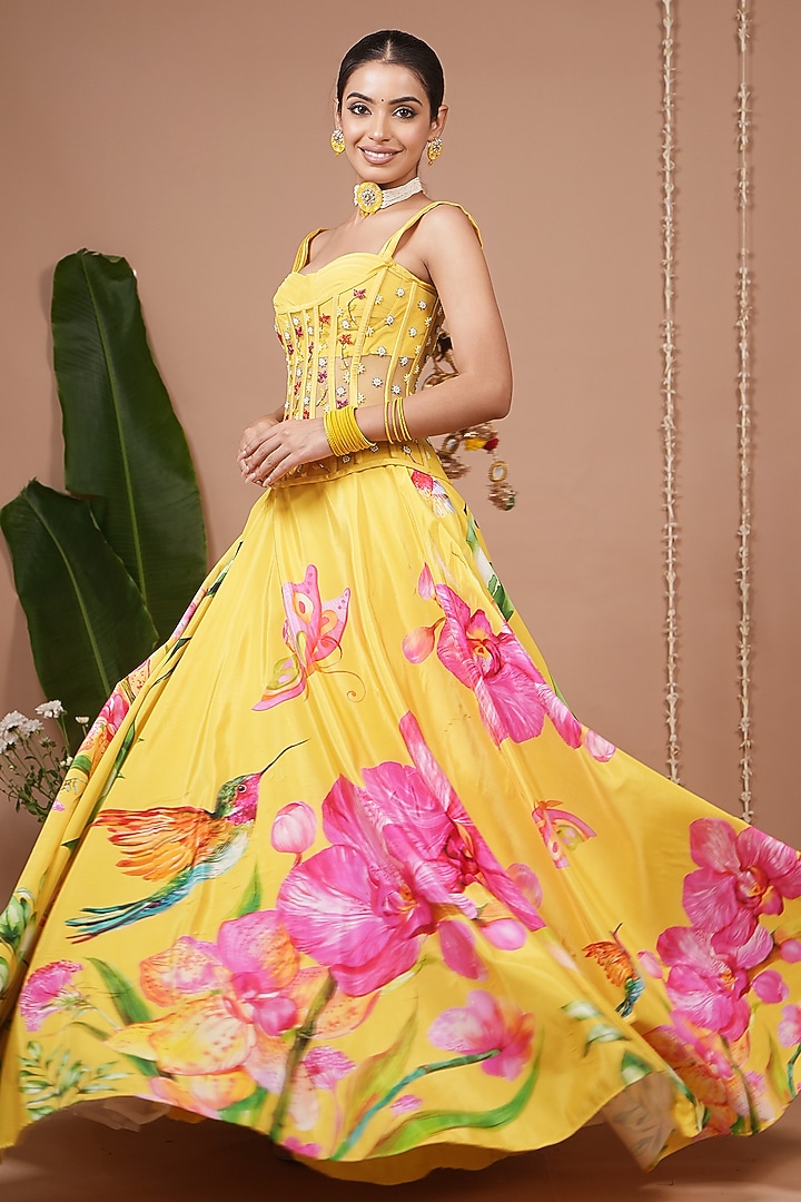 Mustard Natural Crepe Digital Printed Flared Wedding Lehenga Set by AHI CLOTHING at Pernia's Pop Up Shop