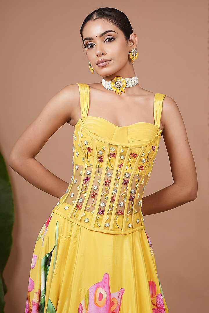 Mustard Natural Crepe Digital Printed Flared Wedding Lehenga Set by AHI CLOTHING at Pernia's Pop Up Shop