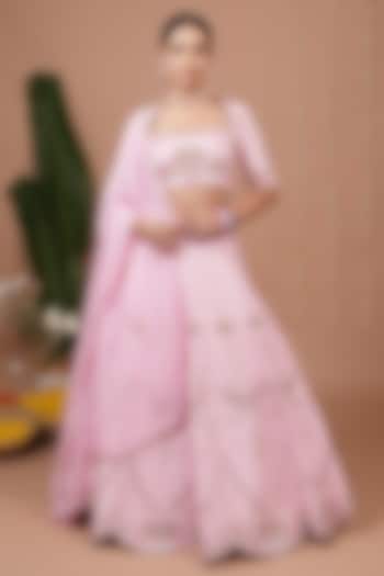 Pastel Pink Slub Silk Zari Embroidered Flared Wedding Lehenga Set by AHI CLOTHING at Pernia's Pop Up Shop