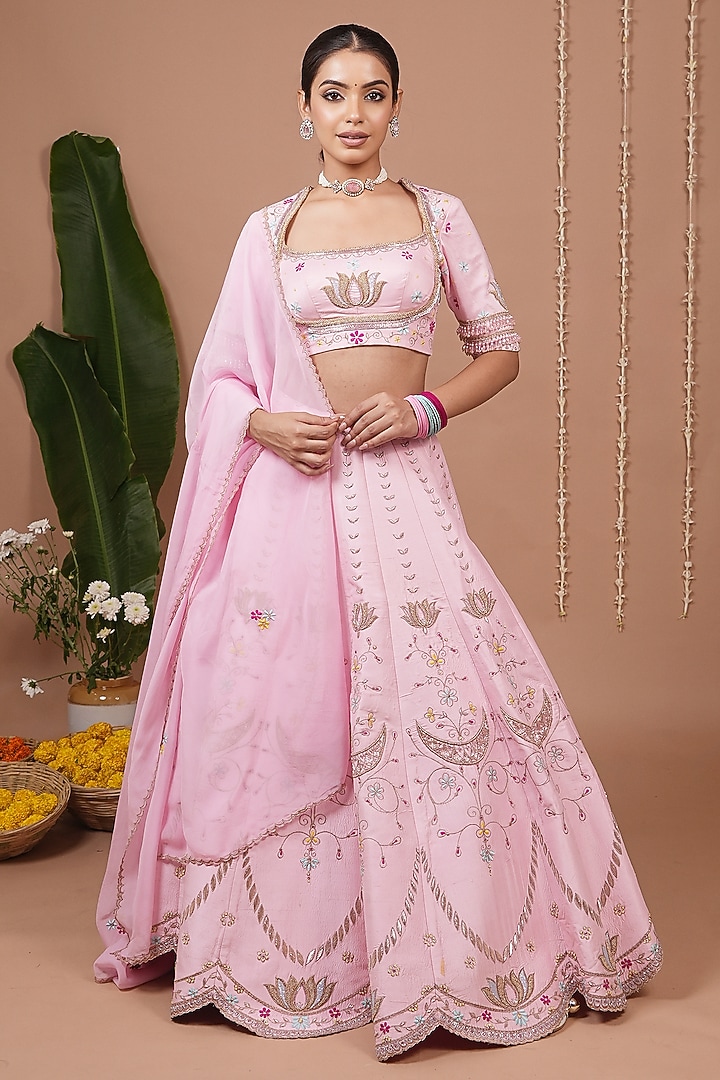 Pastel Pink Slub Silk Zari Embroidered Flared Wedding Lehenga Set by AHI CLOTHING at Pernia's Pop Up Shop