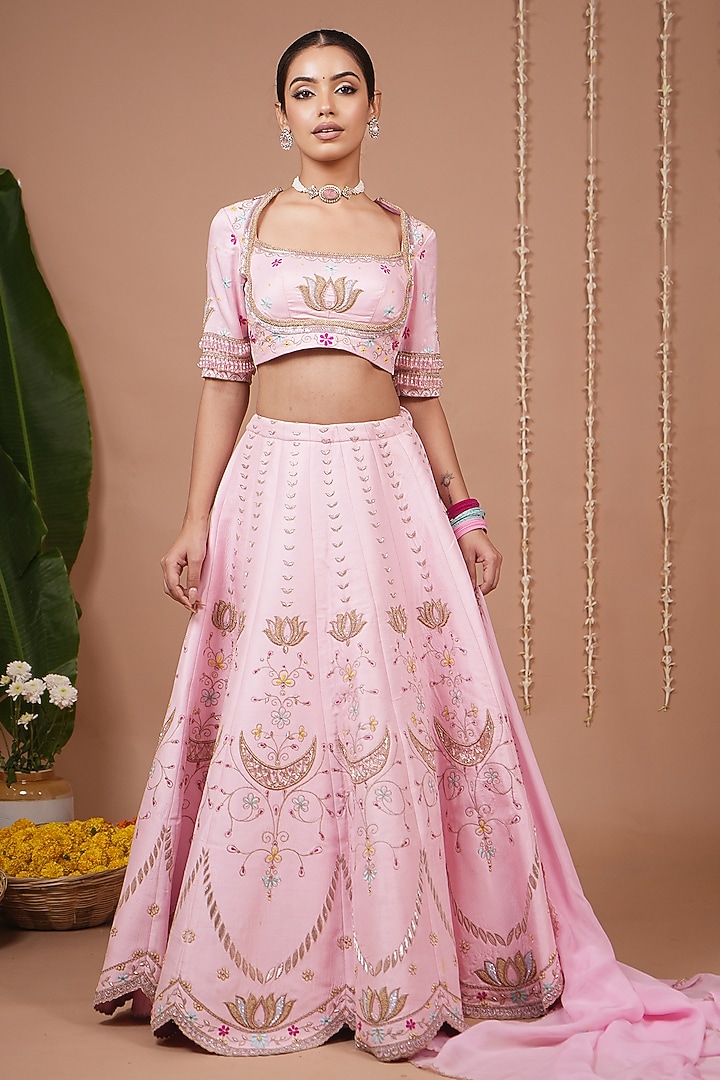 Pastel Pink Slub Silk Zari Embroidered Flared Wedding Lehenga Set by AHI CLOTHING at Pernia's Pop Up Shop