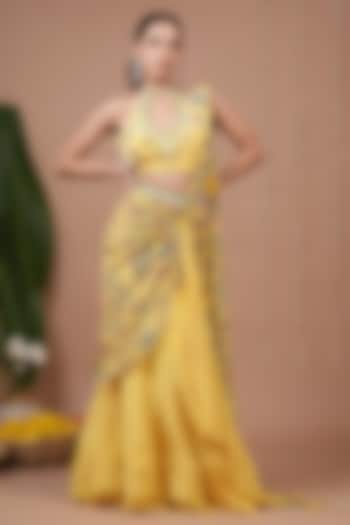 Yellow Natural Crepe Floral Printed Pre-Draped Skirt Wedding Saree Set by AHI CLOTHING at Pernia's Pop Up Shop