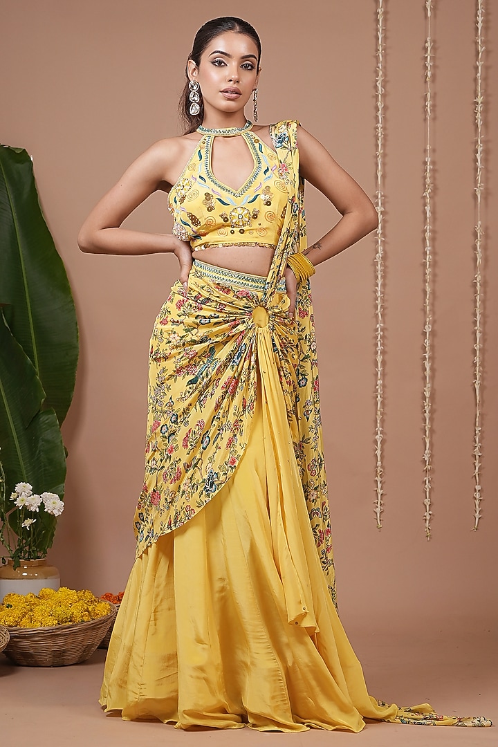 Yellow Natural Crepe Floral Printed Pre-Draped Skirt Wedding Saree Set by AHI CLOTHING at Pernia's Pop Up Shop