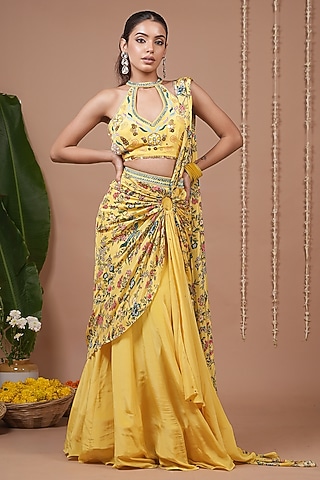 Yellow Natural Crepe Floral Printed Pre-Draped Skirt Saree Set by AHI CLOTHING
