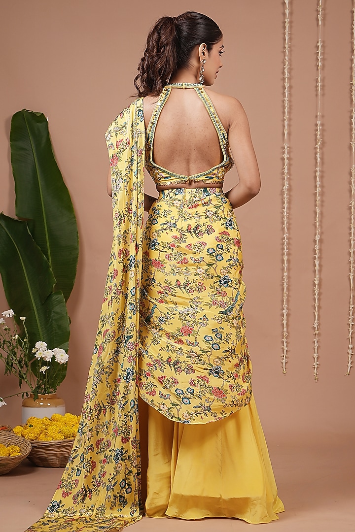 Yellow Natural Crepe Floral Printed Pre-Draped Skirt Wedding Saree Set by AHI CLOTHING at Pernia's Pop Up Shop