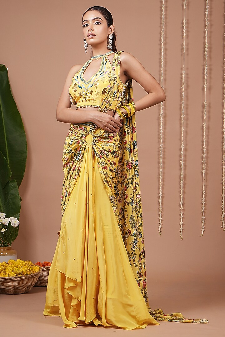 Yellow Natural Crepe Floral Printed Pre-Draped Skirt Wedding Saree Set by AHI CLOTHING at Pernia's Pop Up Shop