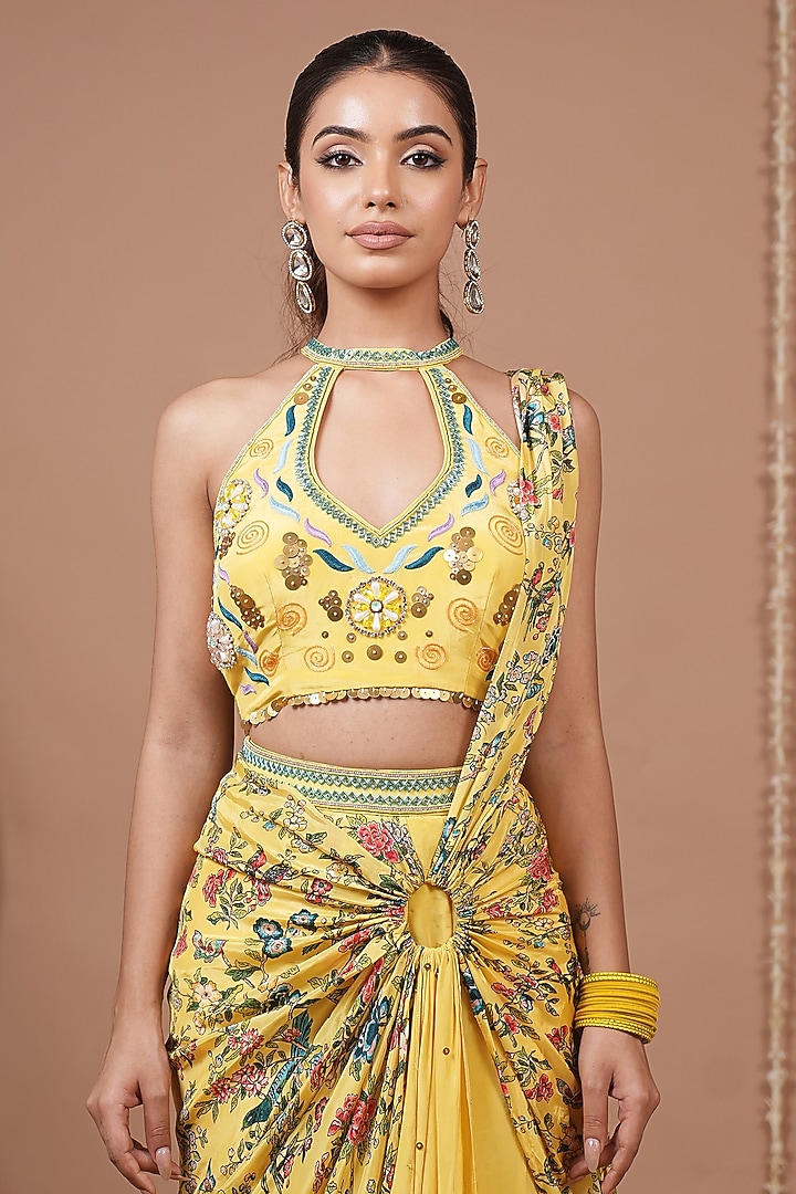 Yellow Natural Crepe Floral Printed Pre-Draped Skirt Wedding Saree Set by AHI CLOTHING at Pernia's Pop Up Shop