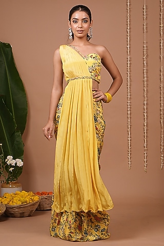 Yellow Natural Crepe Digital Printed Lehenga Set by AHI CLOTHING