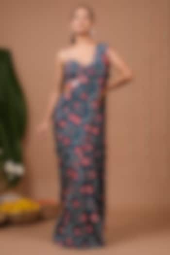 Teal Natural Crepe Bandhej Printed Pre-Draped Wedding Saree Set by AHI CLOTHING at Pernia's Pop Up Shop