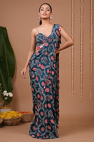 Teal Natural Crepe Bandhej Printed Pre-Draped Saree Set by AHI CLOTHING