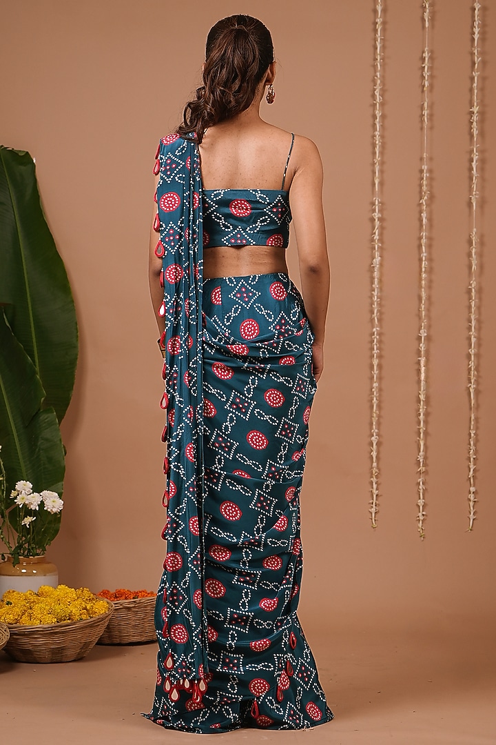 Teal Natural Crepe Bandhej Printed Pre-Draped Wedding Saree Set by AHI CLOTHING at Pernia's Pop Up Shop