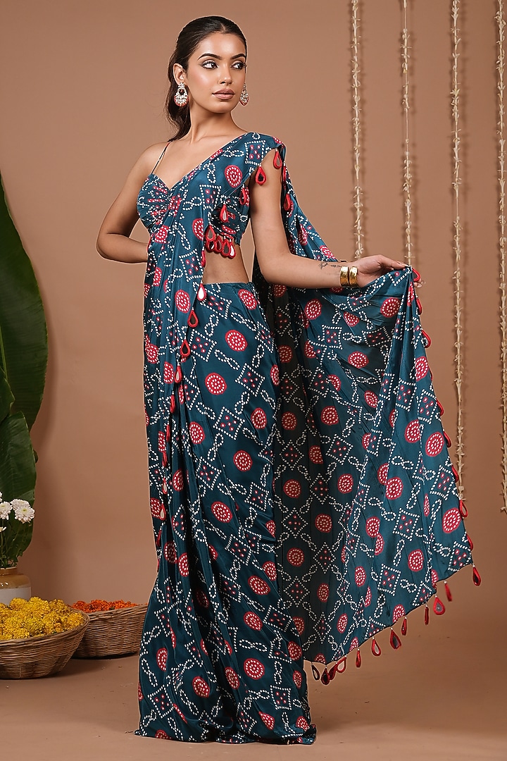 Teal Natural Crepe Bandhej Printed Pre-Draped Wedding Saree Set by AHI CLOTHING at Pernia's Pop Up Shop