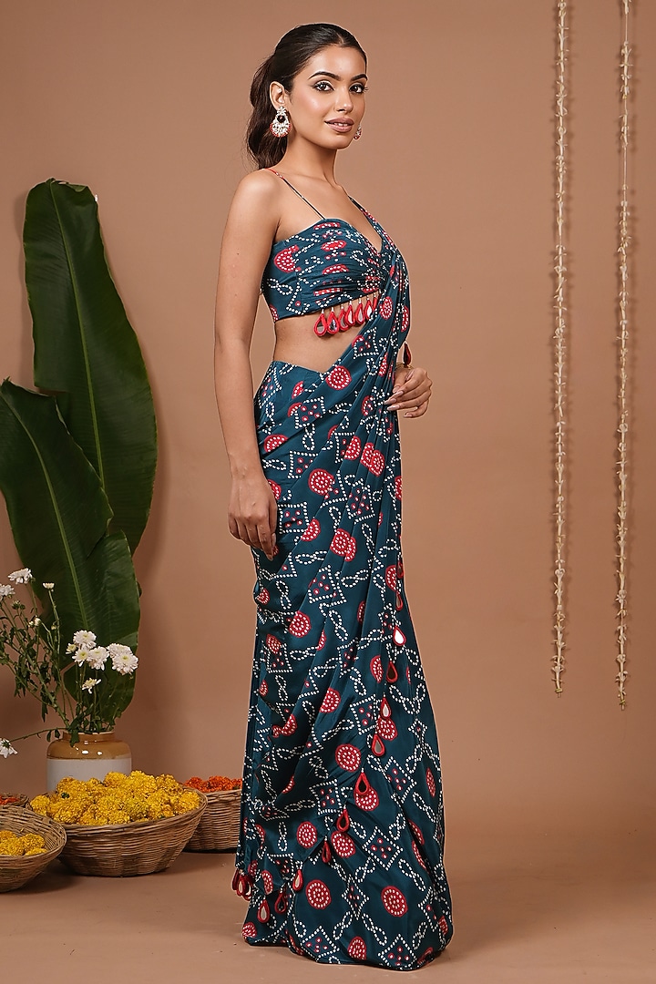 Teal Natural Crepe Bandhej Printed Pre-Draped Wedding Saree Set by AHI CLOTHING at Pernia's Pop Up Shop