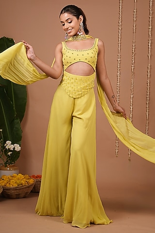 Lime Georgette Flared Palazzo Pant Set by AHI CLOTHING