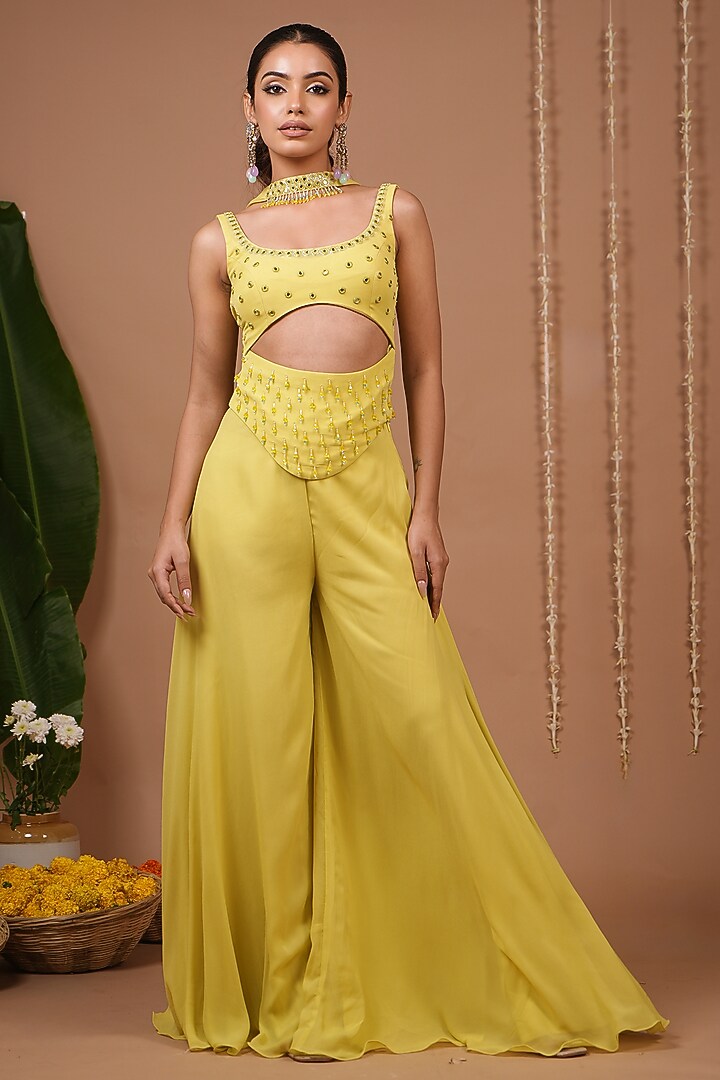Lime Georgette Flared Palazzo Pant Set by AHI CLOTHING at Pernia's Pop Up Shop