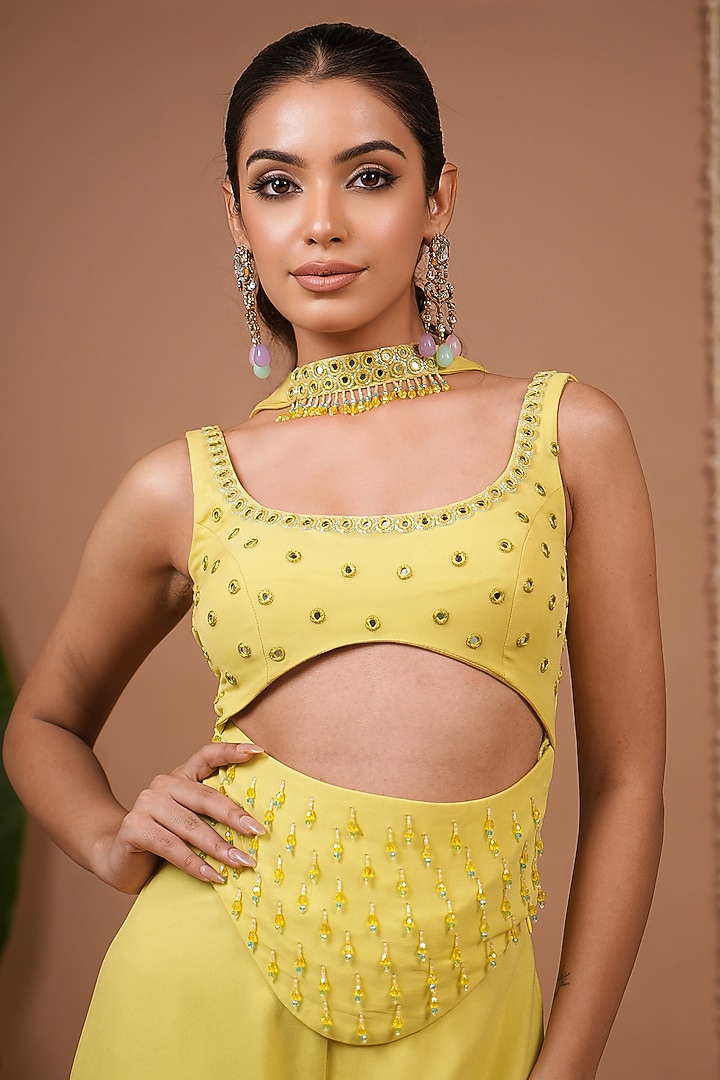 Lime Georgette Flared Palazzo Pant Set by AHI CLOTHING at Pernia's Pop Up Shop