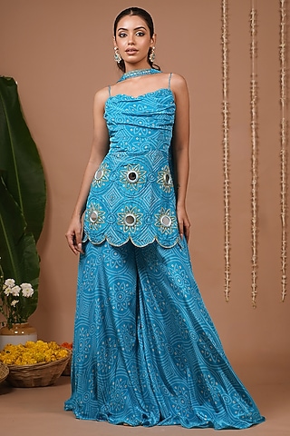 Firozi Natural Crepe Bandhej Printed Flared Palazzo Pant Set by AHI CLOTHING