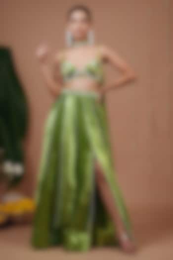 Bright Green Velvet Pleated Slit Wedding Lehenga Set by AHI CLOTHING at Pernia's Pop Up Shop
