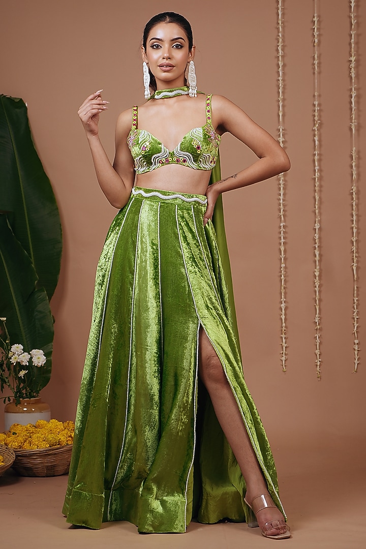 Bright Green Velvet Pleated Slit Wedding Lehenga Set by AHI CLOTHING at Pernia's Pop Up Shop