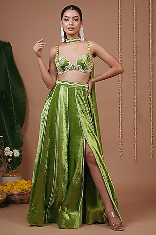 Bright Green Velvet Pleated Slit Lehenga Set by AHI CLOTHING