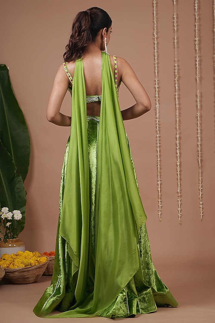 Bright Green Velvet Pleated Slit Wedding Lehenga Set by AHI CLOTHING at Pernia's Pop Up Shop