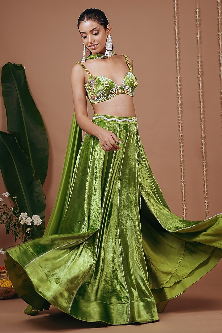 Bright Green Velvet Pleated Slit Wedding Lehenga Set by AHI CLOTHING at Pernia's Pop Up Shop