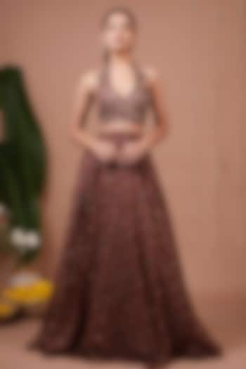 Maroon Organza Digital Printed Wedding Lehenga Set by AHI CLOTHING at Pernia's Pop Up Shop