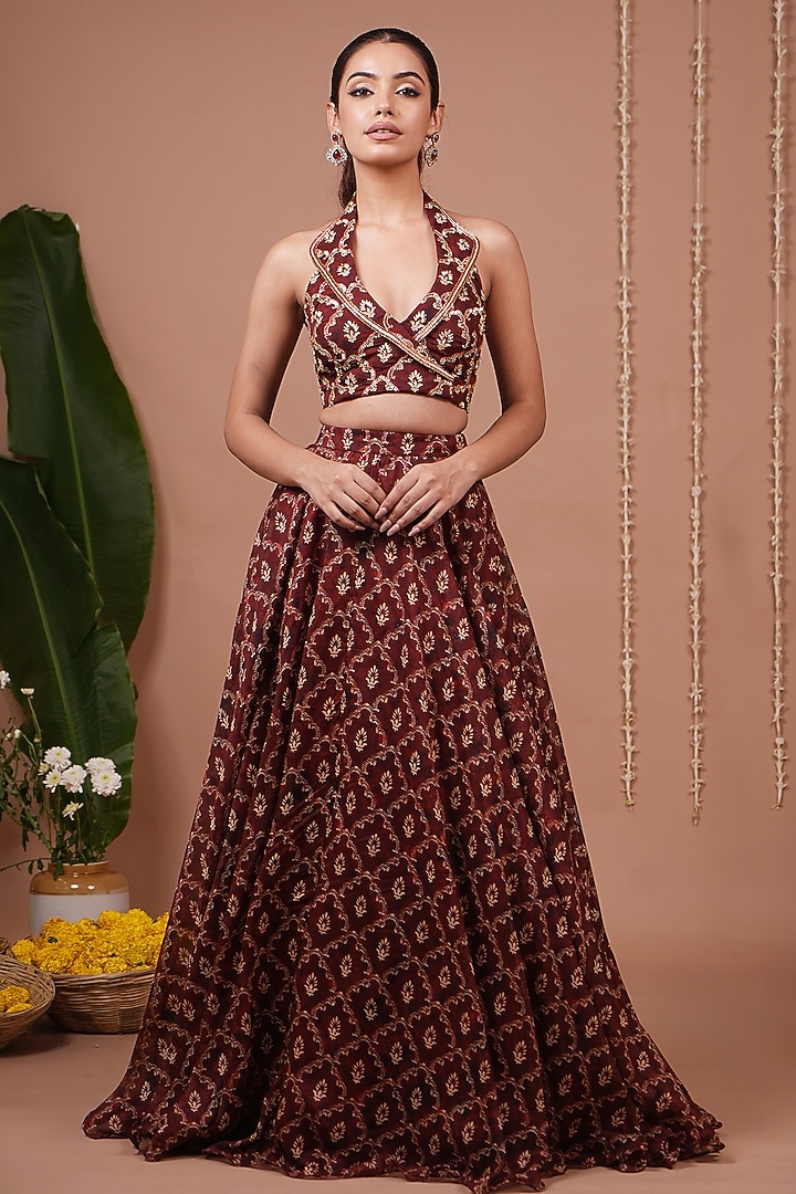 Maroon Organza Digital Printed Wedding Lehenga Set by AHI CLOTHING at Pernia's Pop Up Shop