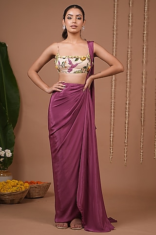 Plum Natural Crepe Pre-Draped Skirt Saree Set by AHI CLOTHING