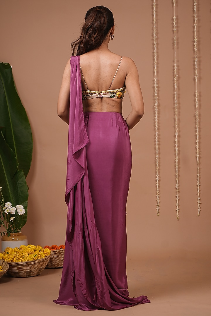 Plum Natural Crepe Pre-Draped Skirt Wedding Saree Set by AHI CLOTHING at Pernia's Pop Up Shop