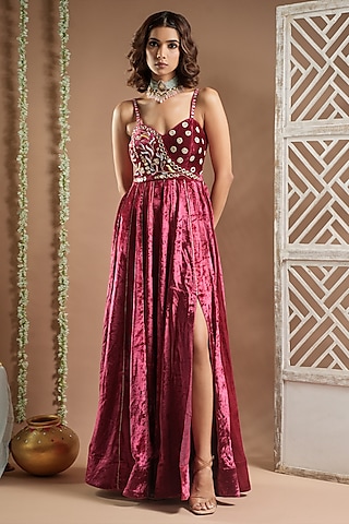 Rani Pink Velvet Mirror Hand Embroidered Dress by AHI CLOTHING