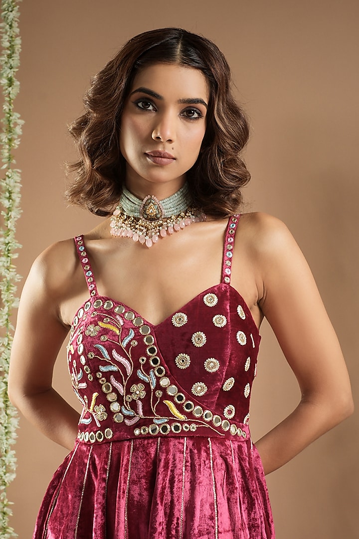 Rani Pink Velvet Mirror Hand Embroidered Cocktail Dress by AHI CLOTHING at Pernia's Pop Up Shop