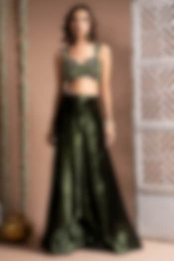 Mehendi Green Velvet Zari Hand Embroidered Palazzo pant Set by AHI CLOTHING at Pernia's Pop Up Shop