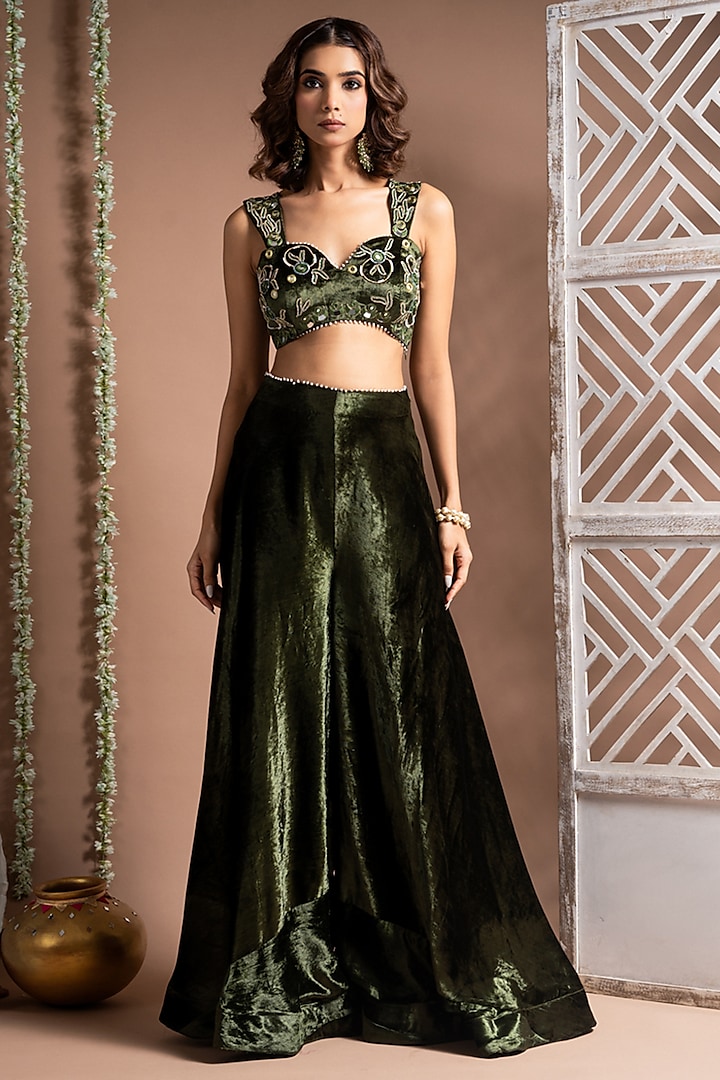 Mehendi Green Velvet Zari Hand Embroidered Palazzo pant Set by AHI CLOTHING at Pernia's Pop Up Shop