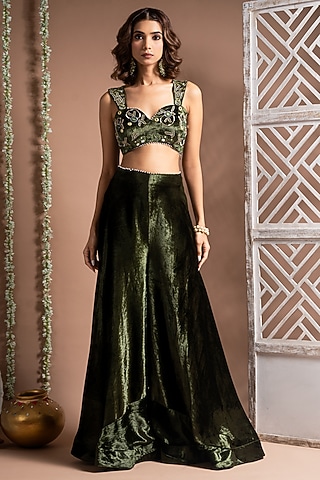 Mehendi Green Velvet Zari Hand Embroidered Palazzo pant Set by AHI CLOTHING