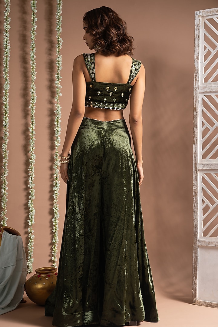 Mehendi Green Velvet Zari Hand Embroidered Palazzo pant Set by AHI CLOTHING at Pernia's Pop Up Shop