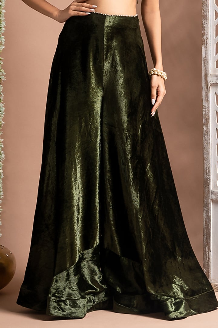 Mehendi Green Velvet Zari Hand Embroidered Palazzo pant Set by AHI CLOTHING at Pernia's Pop Up Shop
