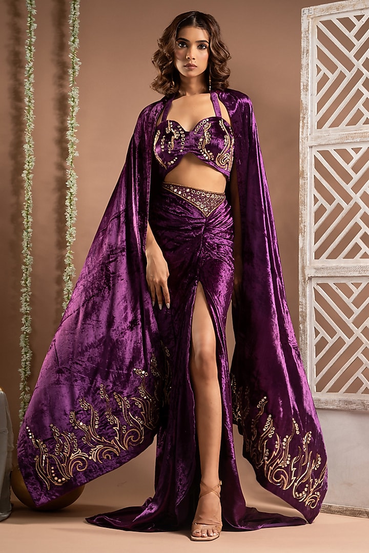 Purple Velvet Hand Embroidered Draped Skirt Set by AHI CLOTHING at Pernia's Pop Up Shop