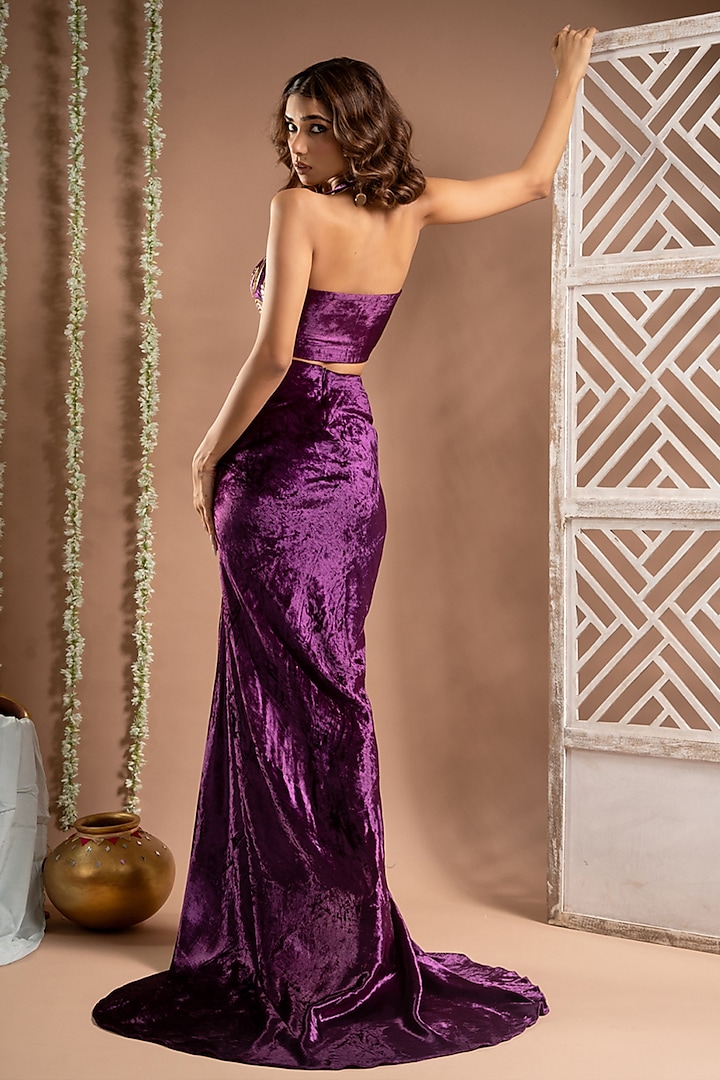 Purple Velvet Hand Embroidered Draped Skirt Set by AHI CLOTHING at Pernia's Pop Up Shop