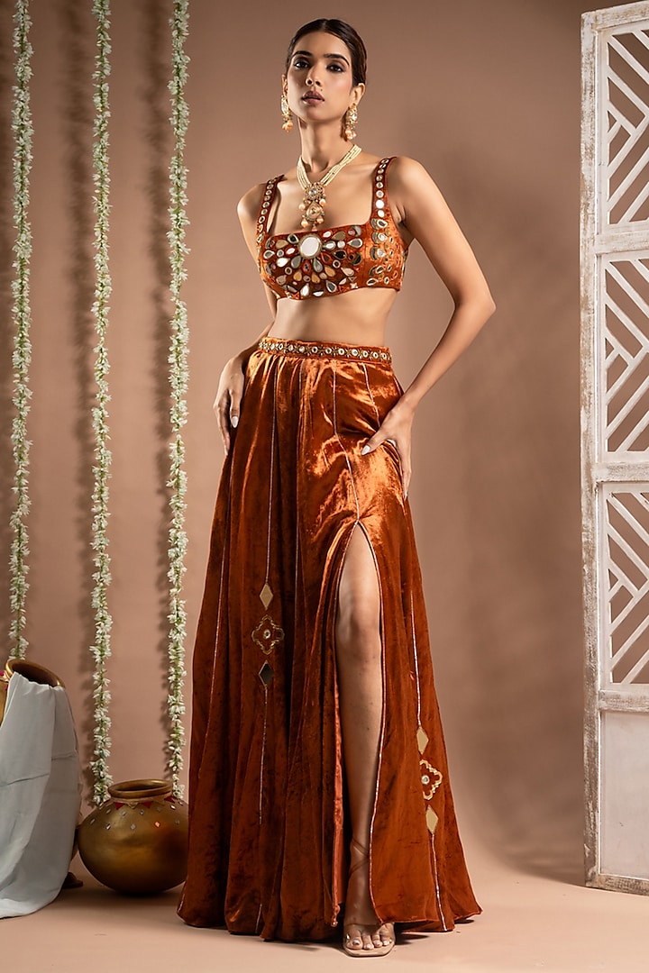 Rust Orange Velvet Zari Hand Embroidered Kalidar Wedding Lehenga Set by AHI CLOTHING at Pernia's Pop Up Shop