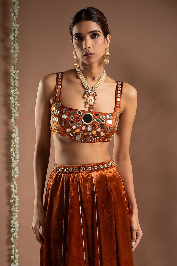 Rust Orange Velvet Zari Hand Embroidered Kalidar Wedding Lehenga Set by AHI CLOTHING at Pernia's Pop Up Shop